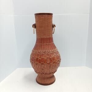 Vintage Shanghai Handicrafts Ceramic Vase With Hand Woven Wicker Cover